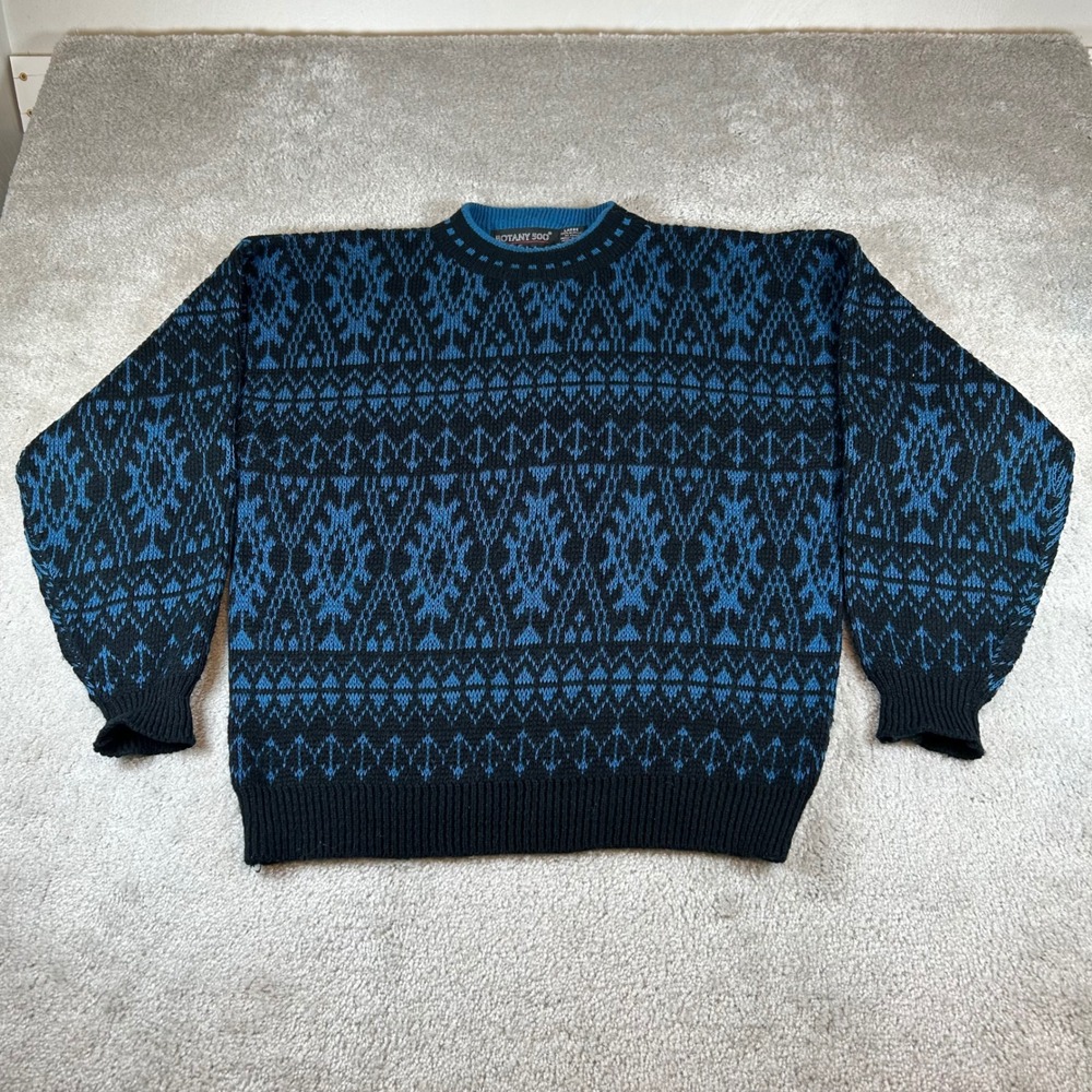 Vintage 80s Botany 500 Sweater Mens Large Black Blue Geometric Knit Crewneck USA